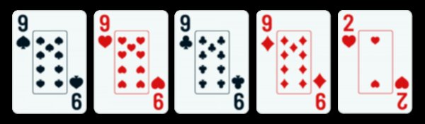 five playing cards: four 9s and a 2