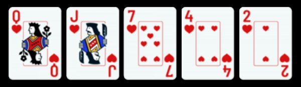 five playing cards - queen, jack, 7, 4, 2, all hearts