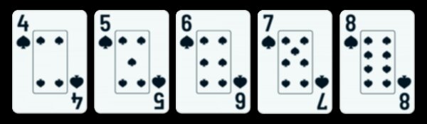 five playing cards - a 4, 5, 6, 7, 8 of spades