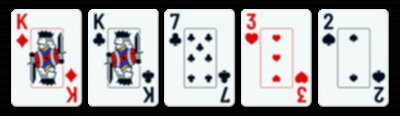 five playing cards - two kings, a 7, 3, and 2 of various suits