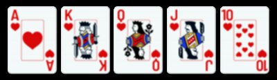 five playing cards - a 10, jack, queen, king, and ace of hearts