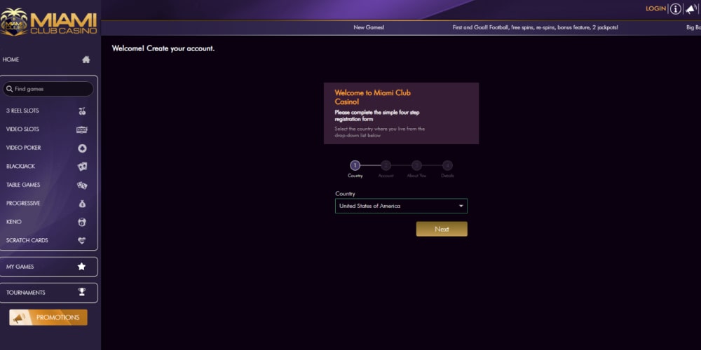 Miami Club Casino Registration Step 1
