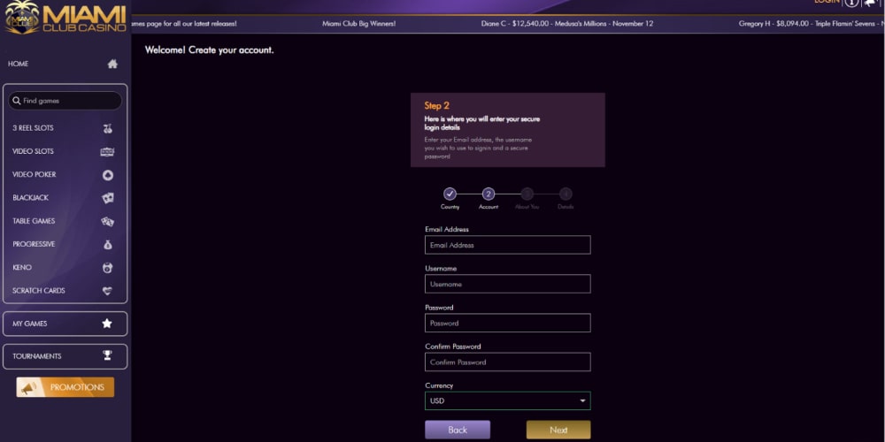 Miami Club Casino Registration Step 2