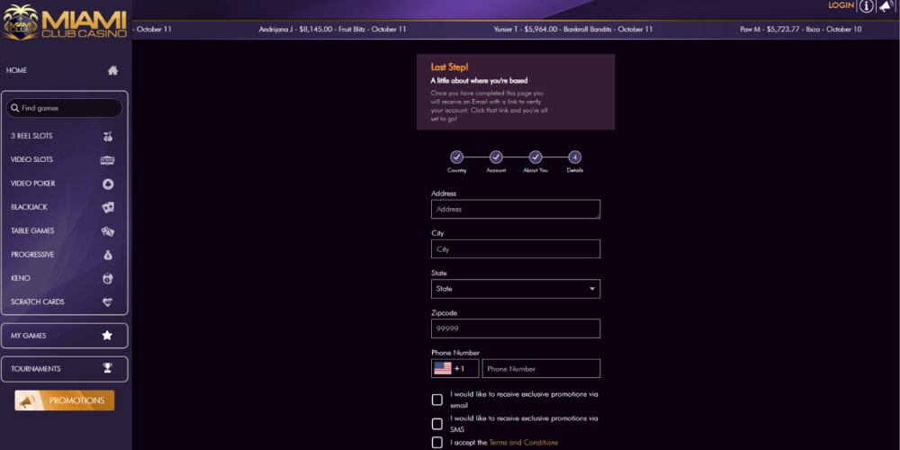 Miami Club Casino Registration Step 4